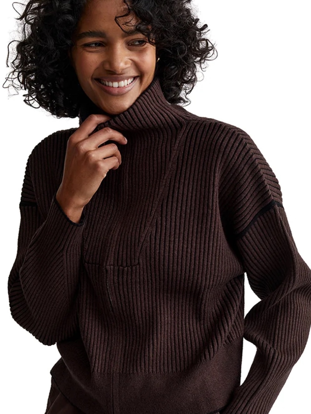 Varley Brown Ribbed Half-Zip Turtleneck Sweater